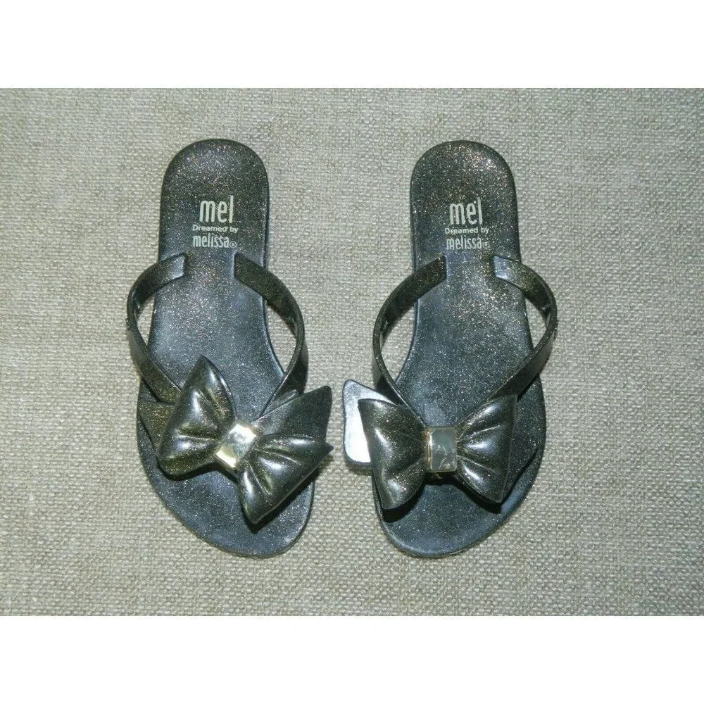 Mini Melissa Mel Flip Flop Black Gold Glitter Scented‎ Bow Sandal Girl's Size 11